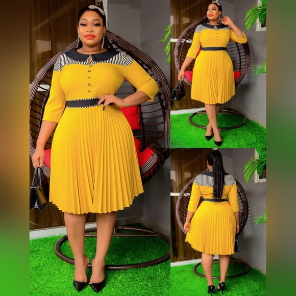 NWT - Mustard pleated dress with White and Black Accents - Picture 3 of 3